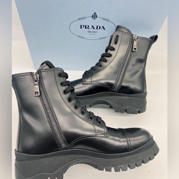 Prada Lug-Sole Leather Combat Boots - Picture 7 of 15